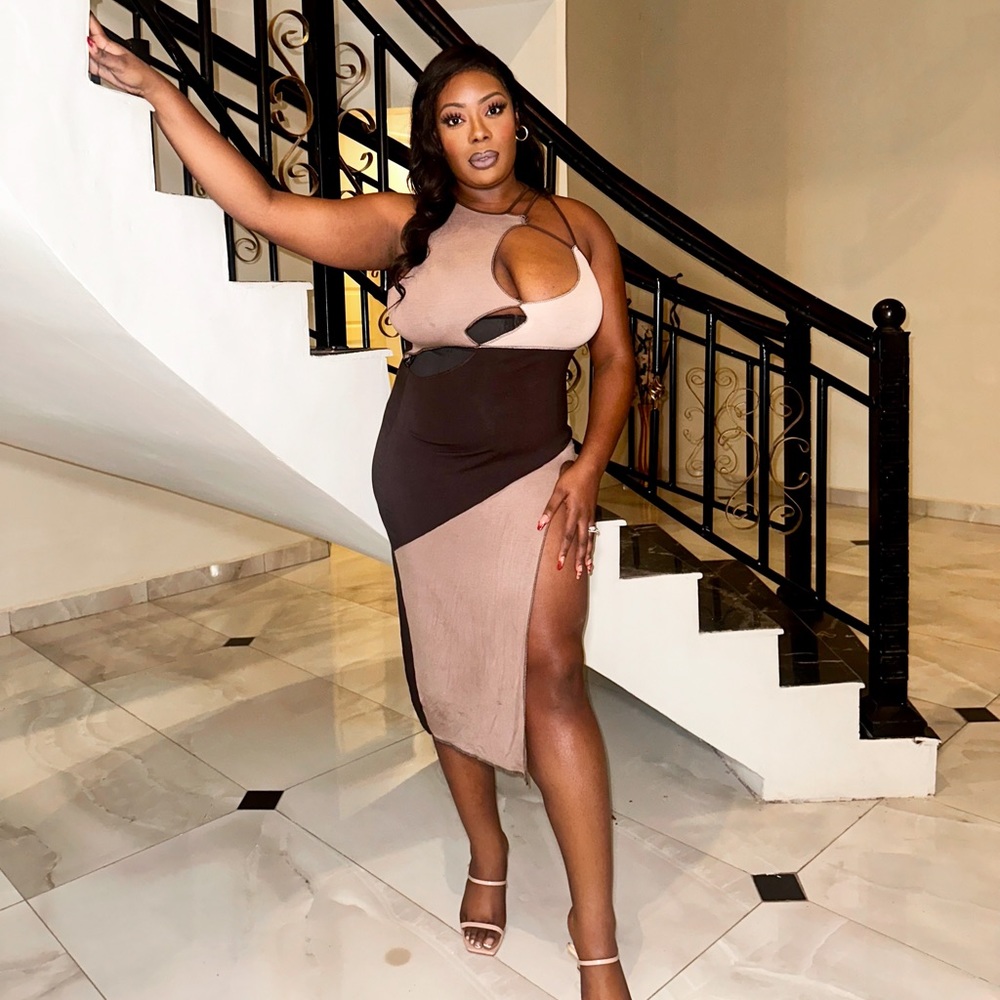 Color block brown split dress
